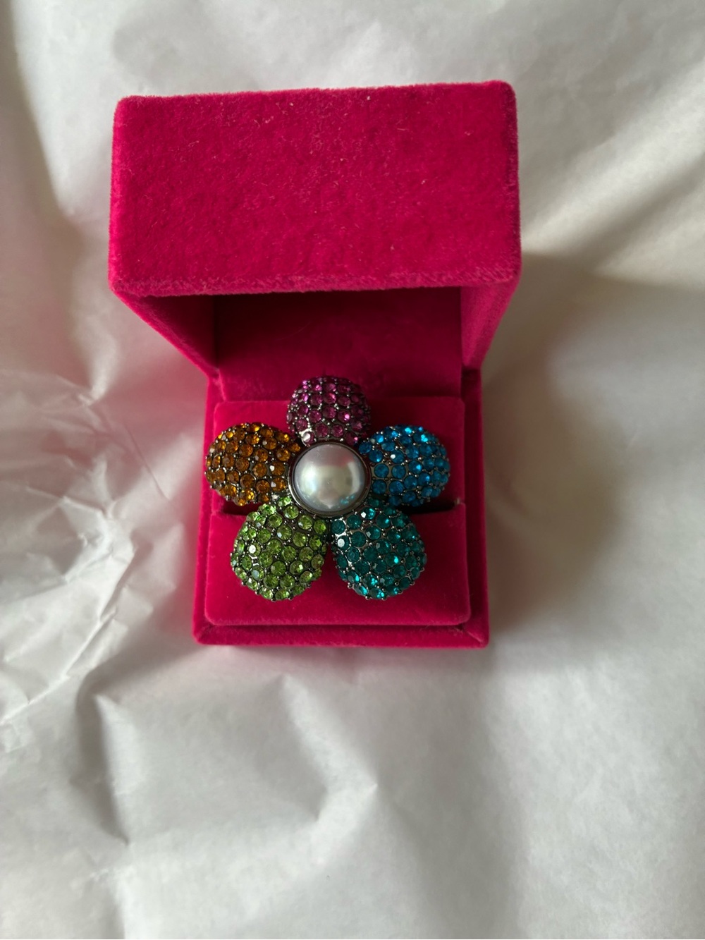 Kurt Geiger Multicolor Crystal Flower Ring with Pearl Center, new